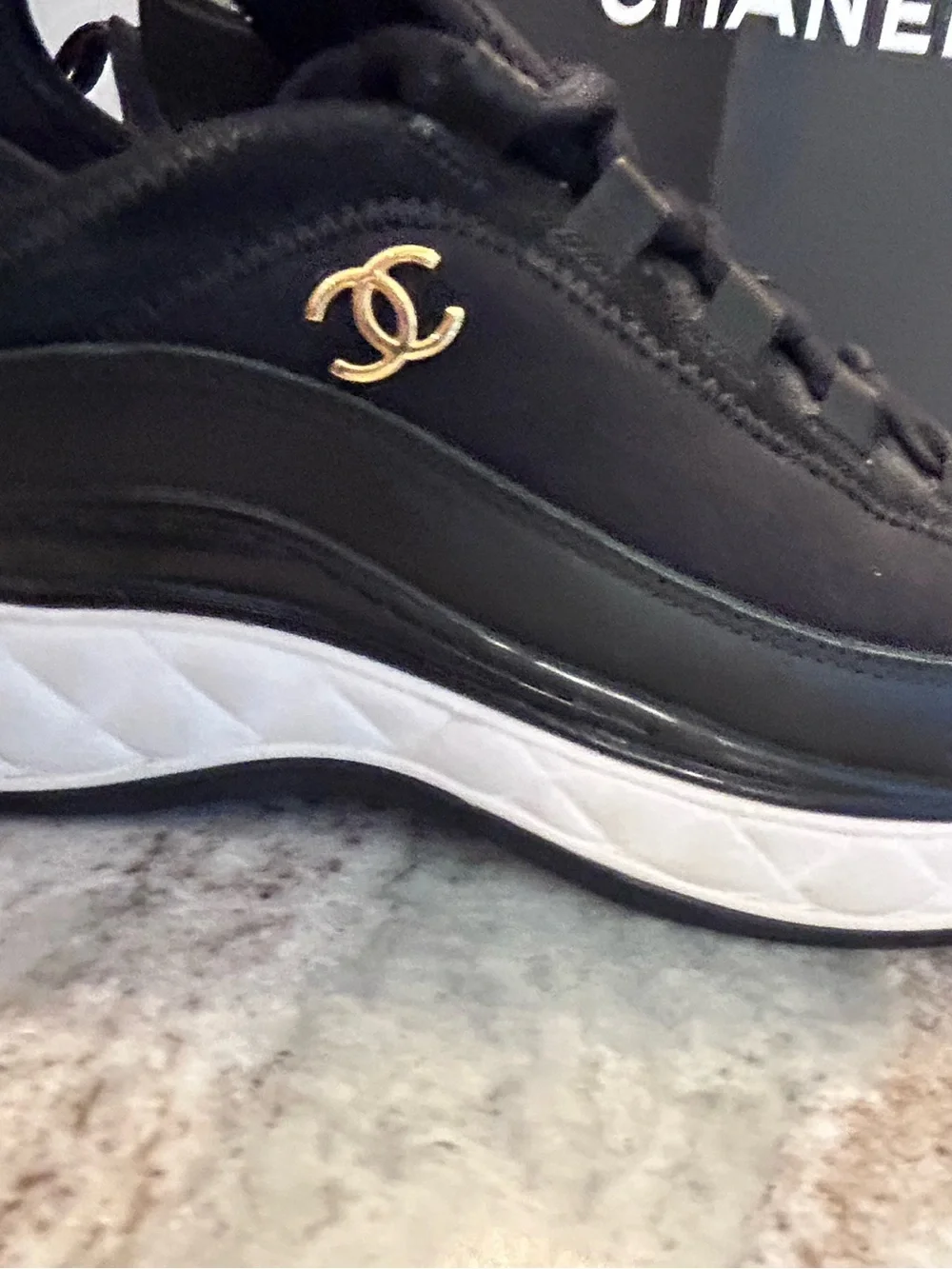CHANEL Black Leather Sneaker, Gold CC Accent,White quilted platform Sole391/2